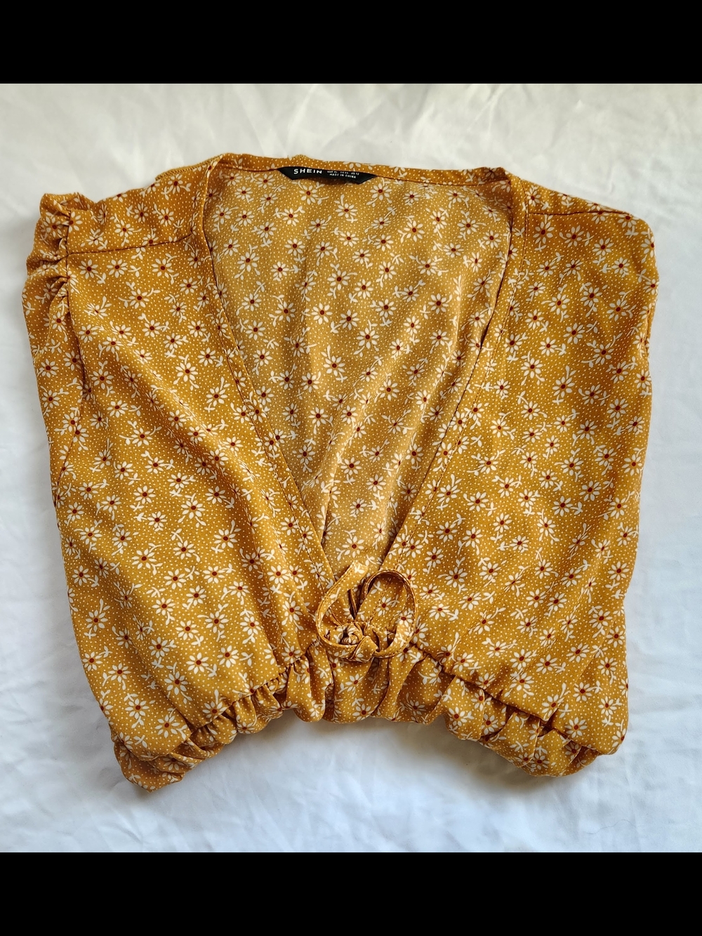 SHEIN Mustard Floral Tie-Front Blouse